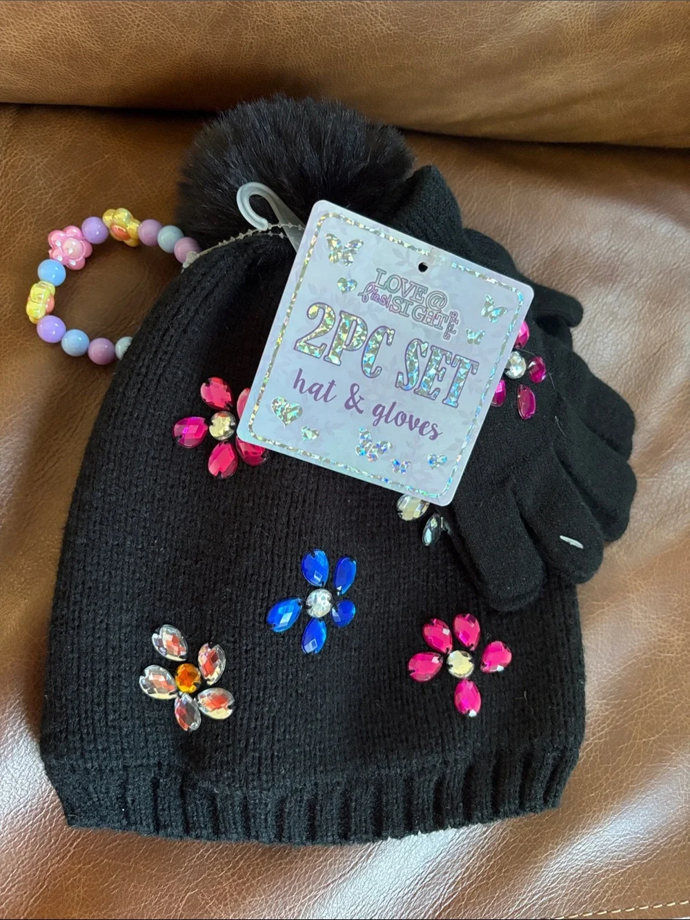 Love & Fashion Kids Black Beanie Hat and Glove Set with Colorful Gem Flowers